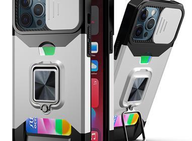 iPhone 15 Multi-Functional Card Magnetic Ring Stand Hybrid Camera Case Cover - Silver product