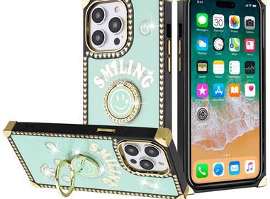  iPhone 15 Passion Square Hearts Smiling Diamond Ring Stand Case Cover - Teal product