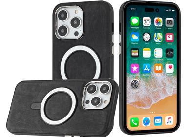 iPhone 12 Pro Max 6.7 Fashion Chrome Edged Camera [Magnetic Circle] PU Leather Hybrid - Black product