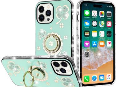  iPhone 15 Splendid Glitter with Diamonds All Around Edges Ring Stand Case Cover - Teal product