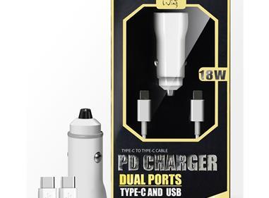2-IN-1 18W PD Fast Type C&USB Dual Ports Car Charger+Type C to Type C Cable in White product
