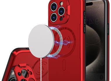 iPhone 15 Magnetic Ring Circle Camera Cap KickStand Hybrid UV Paint Matte Finish Case - Red product