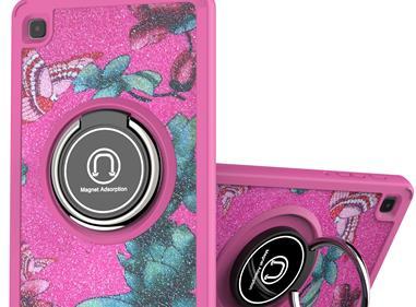 Samsung Galaxy Tab A7 Lite 8.7 inch Diamond Bling Design Tablet Magnetic Ring Stand Hybrid Case Cover - Hot Pink Floral product