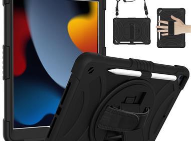 Apple iPad 9th 8th 7th Gen 10.2 inch Tablet Hand and Shoulder Strap with Kickstand 3in1 Tough Hybrid - Black product