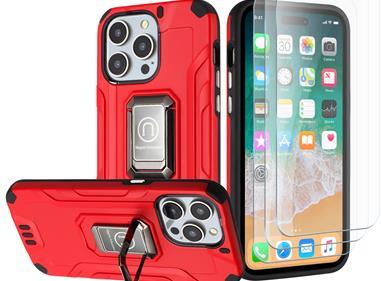 iPhone 15 Strong Tough Metallic Design Hybrid Premium Kicstand + 3X Tempered Glass - Red product