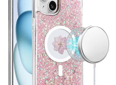  iPhone 15 Magnetic Ring Circle Real Flower Epoxy Glitter Hybrid - Rose Gold product