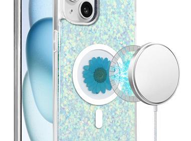 iPhone 15 Magnetic Ring Circle Real Flower Epoxy Glitter Hybrid - Light Blue product