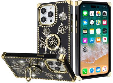 iPhone 15 Square Passion Hearts Bling Glitter Floral Ring Stand Case Cover - Black product