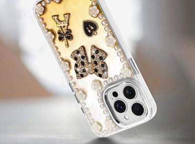 For iP15 Pro Max Pearls Epoxy Glitter Ornaments Design Chrome Edged Case - 9 product