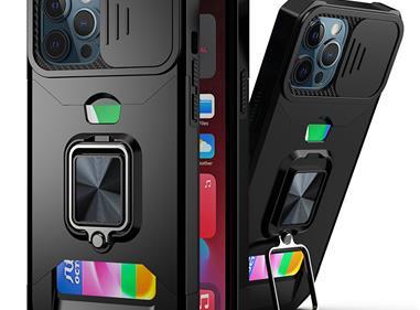 iPhone 15 Multi-Functional Card Magnetic Ring Stand Hybrid Camera Case Cover - Black product