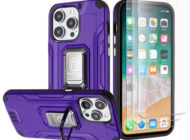  iPhone 15 Strong Tough Metallic Design Hybrid Premium Kicstand + 3X Tempered Glass - Dark Purple product