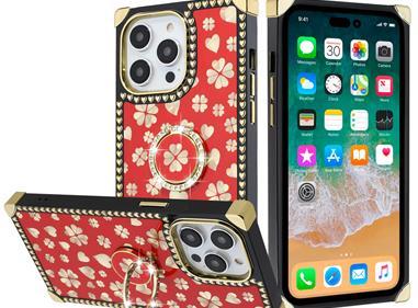 iPhone 15 SQUARE Passion Glitter Diamond Ring Stand Case Cover - Heart Design Red product