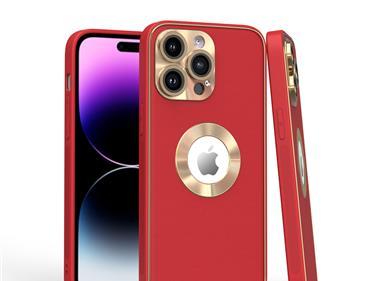 iPhone 15 Disc Chrome Circle With Chromed Tempered Glass Screen Protector PU UV Leather Case - Red product