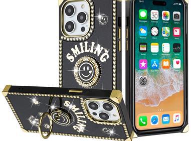  iPhone 15 Passion Square Hearts Smiling Diamond Ring Stand Case Cover - Black product
