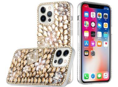 iPhone 15 Full Diamond with Ornaments Case Cover - Pearl Flowers with Perfume Gold product
