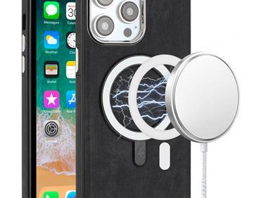 iPhone 12 Pro Max 6.7 Fashion Chrome Edged Camera [Magnetic Circle] PU Leather Hybrid - Black product