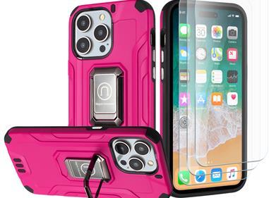 iPhone 15 Strong Tough Metallic Design Hybrid Premium Kicstand + 3X Tempered Glass - Hot Pink product