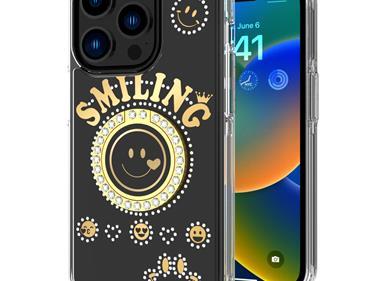  iPhone 15 Smiling Glitter Ornament Bling With Ring Stand Hybrid Case Cover - Black product