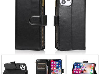 iPhone 15 Luxury Wallet Card ID Zipper Money Holder Case Cover - Black product