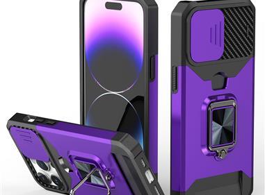 iPhone 15 Multi-Functional Card Magnetic Ring Stand Hybrid Camera Case Cover - Dark Purple product