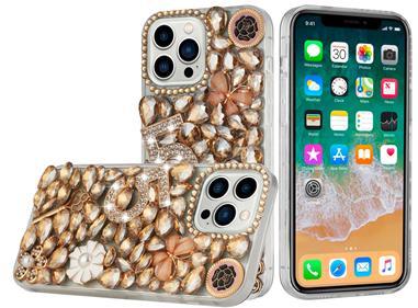 iPhone 15 Full Diamond with Ornaments Case Cover - Gold Five Ornament Floral product
