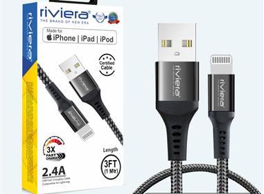 [USB - iPhone Lightning - MFI] 2.4AMP Fast Charging Cable - RIVIERA - BLACK Braided product