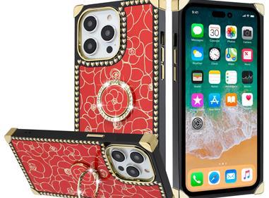  iPhone 15 SQUARE Passion Glitter Diamond Ring Stand Case Cover - Floral Design Red product