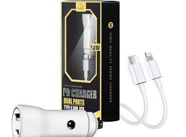 2-IN-1 18W PD Fast Type C&USB Dual Ports Car Charger+Type C to 8 pin Cable in White product