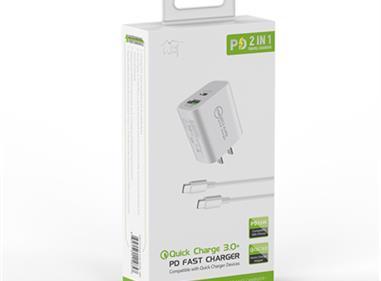 2-IN-1 35W PD Fast Type C&USB Dual Ports Wall Charger+Type C to Type C Cable Cord in White product