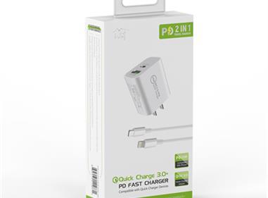 2-IN-1 35W PD Fast Type C&USB Dual Ports Wall Charger+Type C to 8 pin Cable in White product