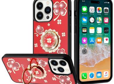  iPhone 15 SPLENDID Diamond Glitter Ornaments Engraving Case Cover - Good Luck Floral Red product