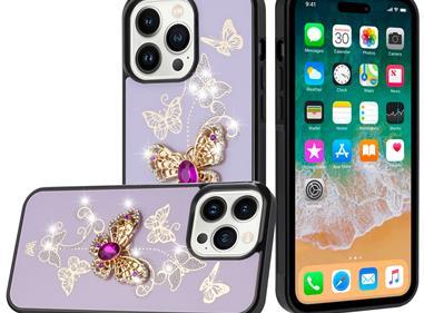  iPhone 15 SPLENDID Diamond Glitter Ornaments Engraving Case Cover - Garden Butterflies Purple product