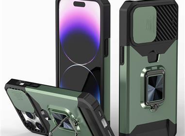 iPhone 15 Multi-Functional Card Magnetic Ring Stand Hybrid Camera Case Cover - Midnight Green product