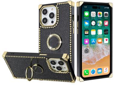 iPhone 15 Glitter Hybrid With Ring Stand Square Heart Passion Hybrid Case Cover - Black product