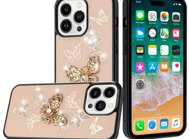  iPhone 15 SPLENDID Diamond Glitter Ornaments Engraving Case Cover - Garden Butterflies Gold product