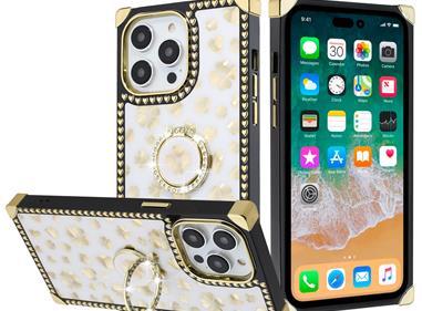  iPhone 15 SQUARE Passion Glitter Diamond Ring Stand Case Cover - Heart Design White product