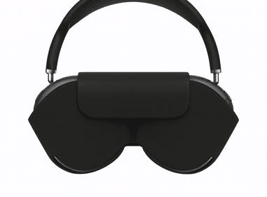 Black over-ear headphones packaged in a white box. Features a black mesh headband and rotating earcups with a protective case design. Compatible with iPhone and Samsung devices. product