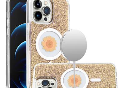 iPhone 15 Magnetic Ring Circle Real Flower Epoxy Glitter Hybrid Case Cover - Gold product