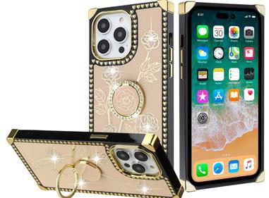  iPhone 15 Square Passion Hearts Bling Glitter Floral Ring Stand Case Cover - Gold product