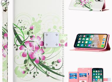 iPhone 15 Design Wallet ID Credit Card Money Holder with Magnetic Metal Closure including Lanyard - Green Floral product