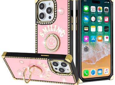  iPhone 15 Passion Square Hearts Smiling Diamond Ring Stand Case Cover - Pink product