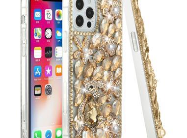 iPhone 15 Full Diamond with Ornaments Hard TPU Case Cover - Gold Panda Floral product