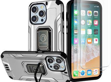 iPhone 15 Strong Tough Metallic Design Hybrid Premium Kicstand + 3X Tempered Glass - Grey product