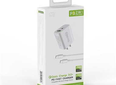 2-IN-1 35W PD Fast Type C&USB Dual Ports Wall Charger+Type C to Type C Cable Cord in White product