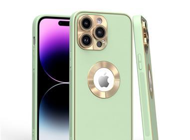  iPhone 15 Disc Chrome Circle With Chromed Tempered Glass Screen Protector PU UV Leather Case - Light Green product