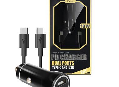 2-IN-1 18W PD Fast Type C&USB Dual Ports Car Charger + Type C to Type C Cable Cord in Black product
