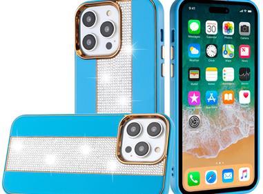  iPhone 15 Flashy Diamond Leather Sticked On Hybrid with Chrome Camera Edge - Blue product
