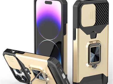  iPhone 15 Multi-Functional Card Magnetic Ring Stand Hybrid Camera Case Cover - Gold product