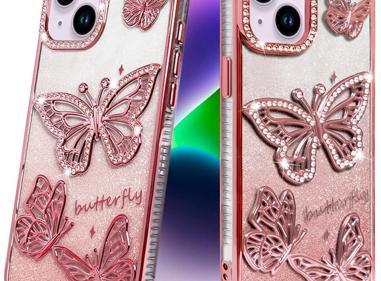 For iPhone 13/14 Butterfly Freedom Shimmer Glitter Thick TPU Case Cover - Rose Gold product
