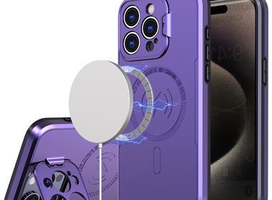  iPhone 15 Magnetic Ring Circle Camera Cap KickStand Hybrid UV Paint Matte Finish Case - Purple product